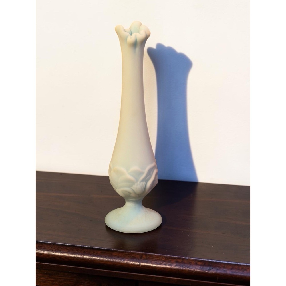 Vintage Fenton Blue Satin Glass Water Lily 10" Bud Vase Ruffled Rim Pedestal